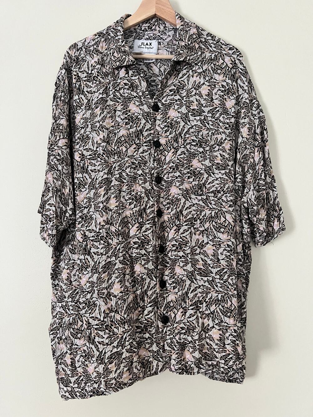 Flax by Jeanne Engelhart Vintage Button Up Botanical Rayon Short Sleeve Tunic 1G